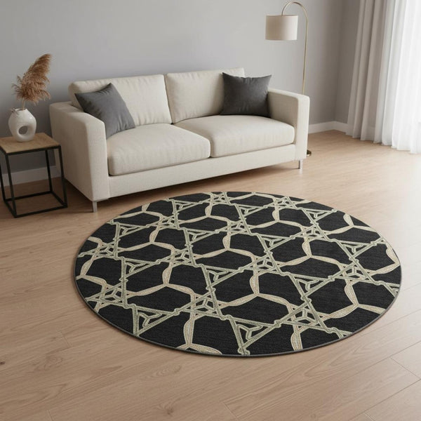HomeRoots 8' Modern Geometric Washable Round Rug in Black, Beige & Ivory – UV Protected for High-Traffic Areas 675963