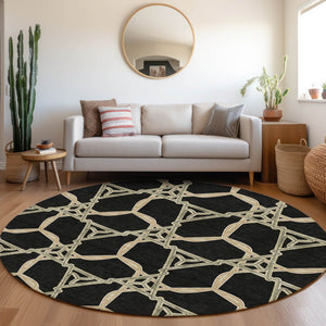 HomeRoots 8' Modern Geometric Washable Round Rug in Black, Beige & Ivory – UV Protected for High-Traffic Areas 675963