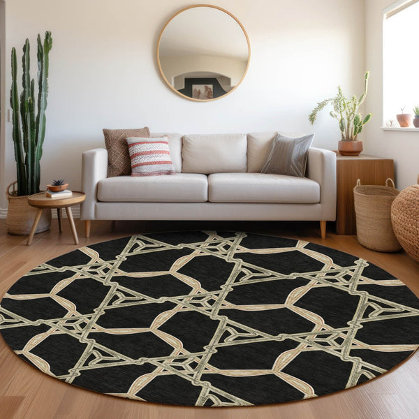 HomeRoots 8' Modern Geometric Washable Round Rug in Black, Beige & Ivory – UV Protected for High-Traffic Areas 675963