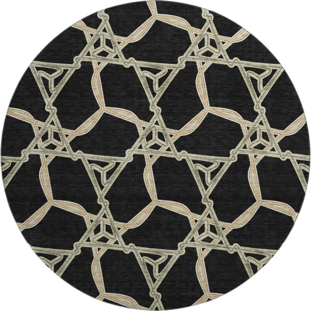 HomeRoots 8' Modern Geometric Washable Round Rug in Black, Beige & Ivory – UV Protected for High-Traffic Areas 675963