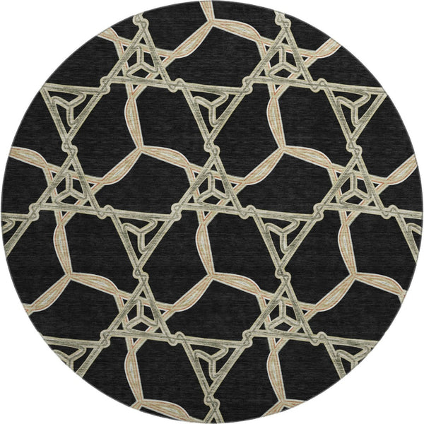 HomeRoots 8' Modern Geometric Washable Round Rug in Black, Beige & Ivory – UV Protected for High-Traffic Areas 675963