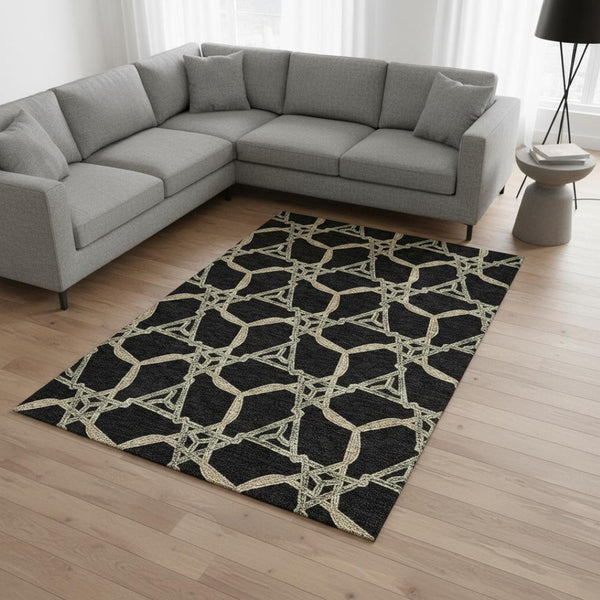 HomeRoots 8' X 10' Modern Geometric Washable Area Rug in Black, Beige & Ivory - Durable, Stain-Resistant Design 675964