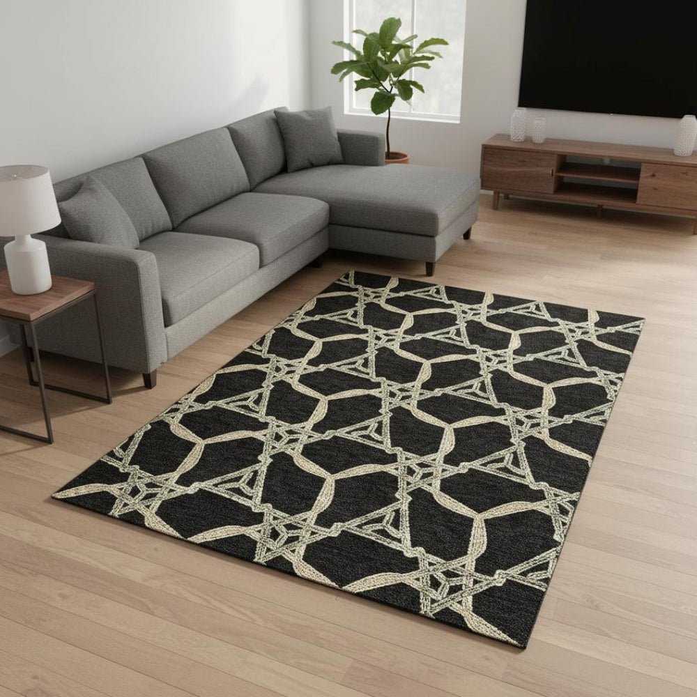 HomeRoots 9' X 12' Geometric Area Rug in Black, Beige & Ivory - Washable, Stain Resistant & UV Protected! 675965