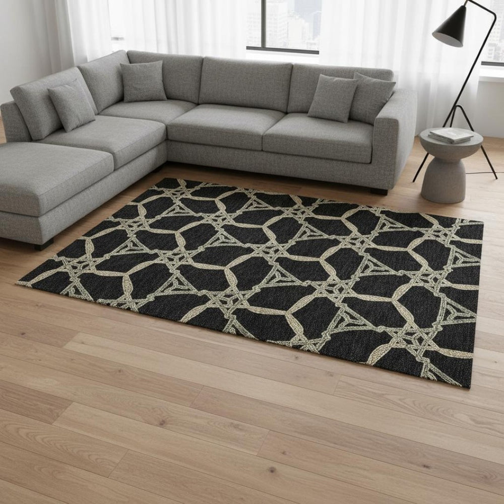 HomeRoots 10' Geometric Washable Area Rug in Black, Beige & Ivory – Stain Resistant, UV Protected & Stylish 675966