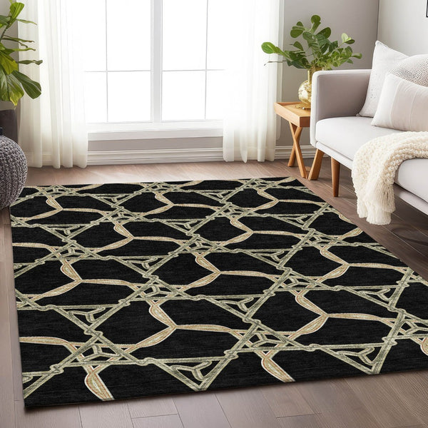 HomeRoots 10' Geometric Washable Area Rug in Black, Beige & Ivory – Stain Resistant, UV Protected & Stylish 675966