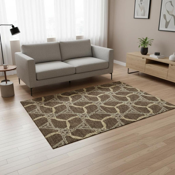HomeRoots 5' X 8' Brown and Beige Geometric Area Rug - Stain-Resistant, UV-Protected, Durable Design for Homes 675968