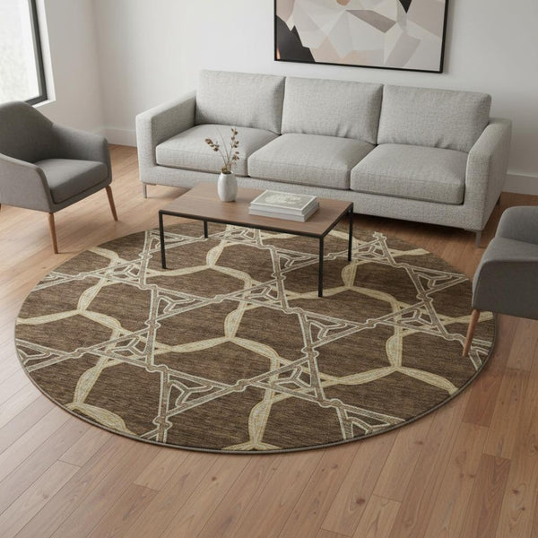 HomeRoots 8' Brown and Beige Geometric Round Area Rug – Washable, UV-Protected, Durable for High-Traffic Spaces 675969