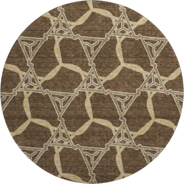 HomeRoots 8' Brown and Beige Geometric Round Area Rug – Washable, UV-Protected, Durable for High-Traffic Spaces 675969