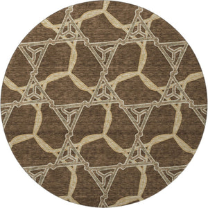 HomeRoots 8' Brown and Beige Geometric Round Area Rug – Washable, UV-Protected, Durable for High-Traffic Spaces 675969