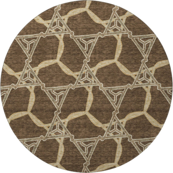 HomeRoots 8' Brown and Beige Geometric Round Area Rug – Washable, UV-Protected, Durable for High-Traffic Spaces 675969