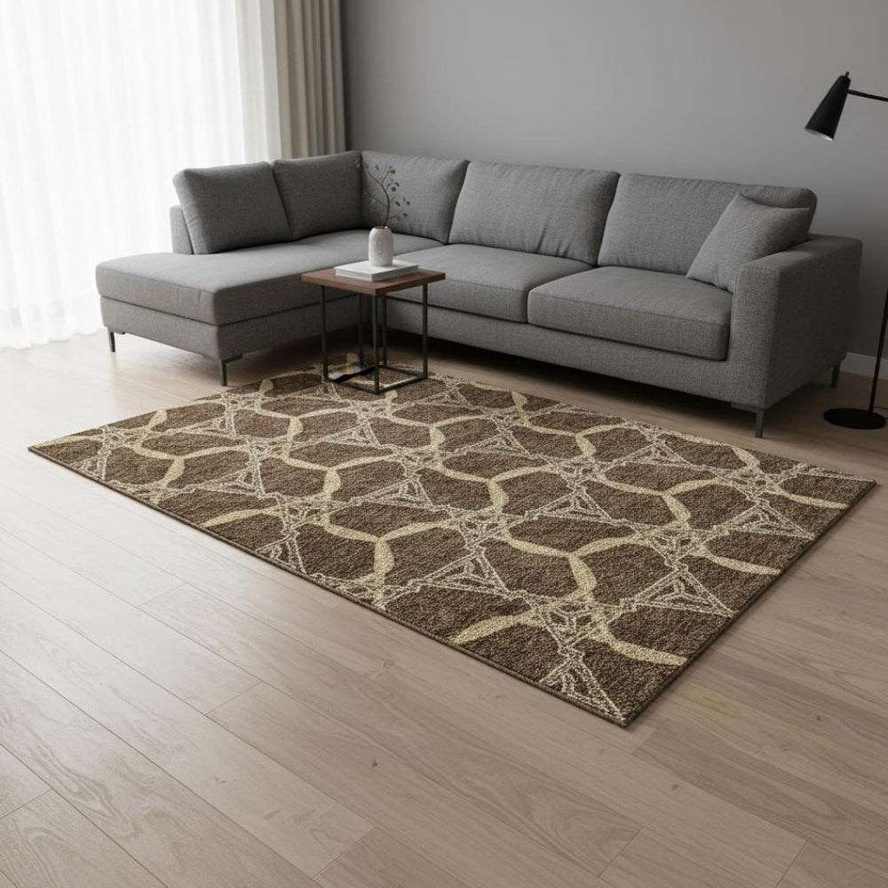 HomeRoots 8' X 10' Brown and Beige Geometric Washable Area Rug - Durable, Stain-Resistant with UV Protection! 675970