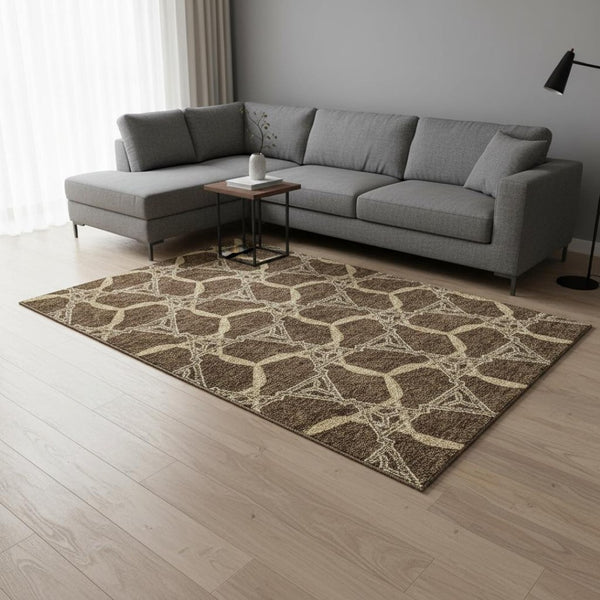 HomeRoots 8' X 10' Brown and Beige Geometric Washable Area Rug - Durable, Stain-Resistant with UV Protection! 675970