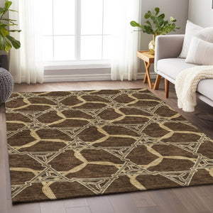 HomeRoots 8' X 10' Brown and Beige Geometric Washable Area Rug - Durable, Stain-Resistant with UV Protection! 675970