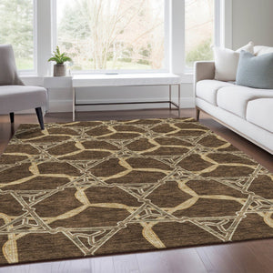 HomeRoots 8' X 10' Brown and Beige Geometric Washable Area Rug - Durable, Stain-Resistant with UV Protection! 675970