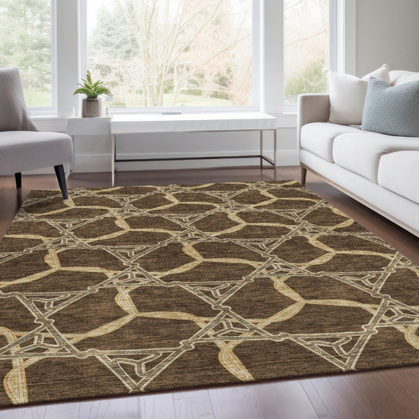HomeRoots 8' X 10' Brown and Beige Geometric Washable Area Rug - Durable, Stain-Resistant with UV Protection! 675970