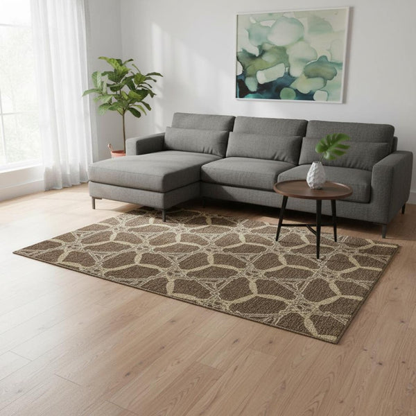 HomeRoots 9' x 12' Stylish Brown and Beige Geometric Area Rug - Washable, UV Protected, Durable for High-Traffic Spaces 675971