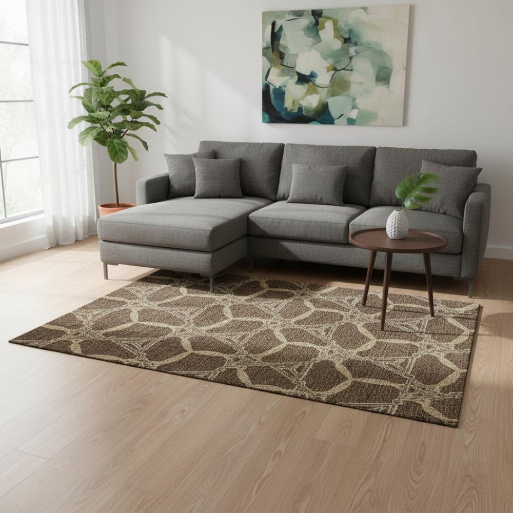 HomeRoots 10' Geometric Brown & Beige Washable Area Rug – Durable, Stain-Resistant, UV Protected Design! 675972