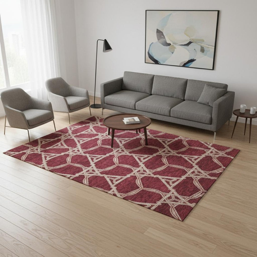 HomeRoots 5' X 8' Burgundy and Gray Geometric Area Rug – Stain Resistant, UV Protected, Easy-Care Design! 675974