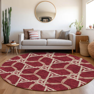 HomeRoots 8' Burgundy and Gray Geometric Washable Round Rug – Durable, UV-Protected, Stylish for Any Space! 675975