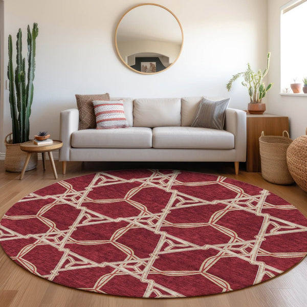 HomeRoots 8' Burgundy and Gray Geometric Washable Round Rug – Durable, UV-Protected, Stylish for Any Space! 675975