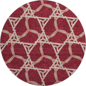 HomeRoots 8' Burgundy and Gray Geometric Washable Round Rug – Durable, UV-Protected, Stylish for Any Space! 675975