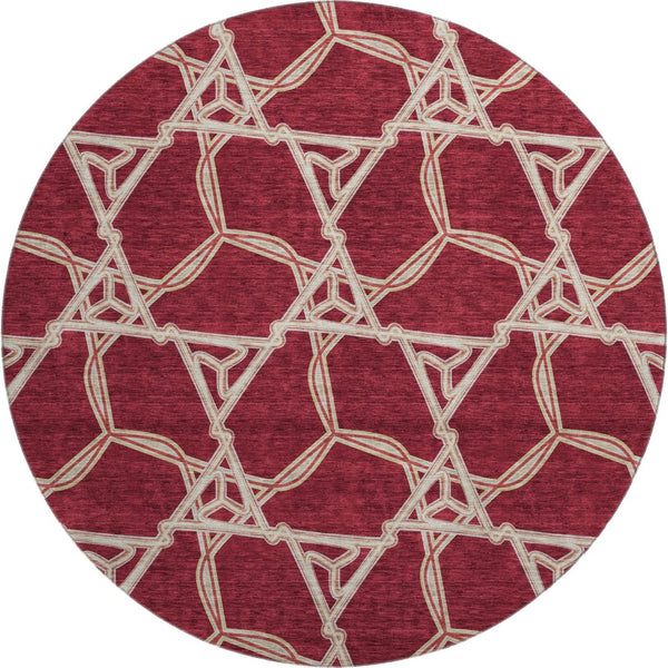 HomeRoots 8' Burgundy and Gray Geometric Washable Round Rug – Durable, UV-Protected, Stylish for Any Space! 675975