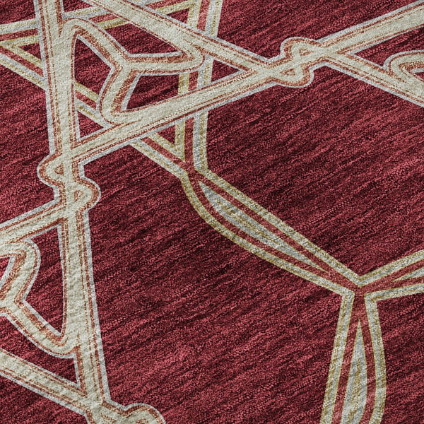 HomeRoots 8' Burgundy and Gray Geometric Washable Round Rug – Durable, UV-Protected, Stylish for Any Space! 675975