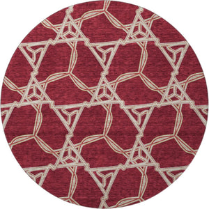 HomeRoots 8' Burgundy and Gray Geometric Washable Round Rug – Durable, UV-Protected, Stylish for Any Space! 675975