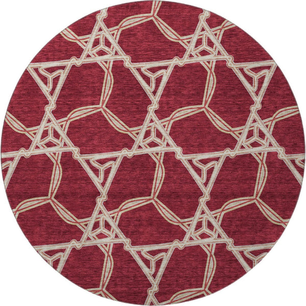 HomeRoots 8' Burgundy and Gray Geometric Washable Round Rug – Durable, UV-Protected, Stylish for Any Space! 675975