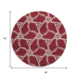HomeRoots 8' Burgundy and Gray Geometric Washable Round Rug – Durable, UV-Protected, Stylish for Any Space! 675975