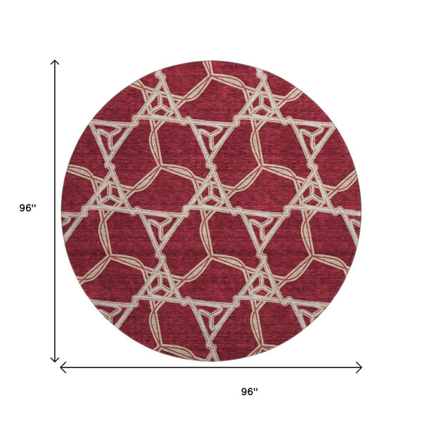 HomeRoots 8' Burgundy and Gray Geometric Washable Round Rug – Durable, UV-Protected, Stylish for Any Space! 675975