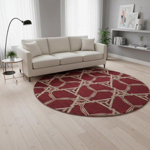 HomeRoots 8' Burgundy and Gray Geometric Washable Round Rug – Durable, UV-Protected, Stylish for Any Space! 675975
