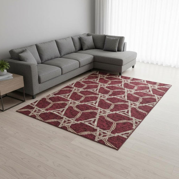 HomeRoots 8' X 10' Stylish Burgundy & Gray Geometric Area Rug – Washable, UV-Protected & Stain Resistant! 675976