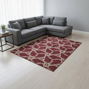 HomeRoots 10' X 14' Burgundy & Gray Geometric Washable Area Rug with UV Protection for Modern Homes 675978