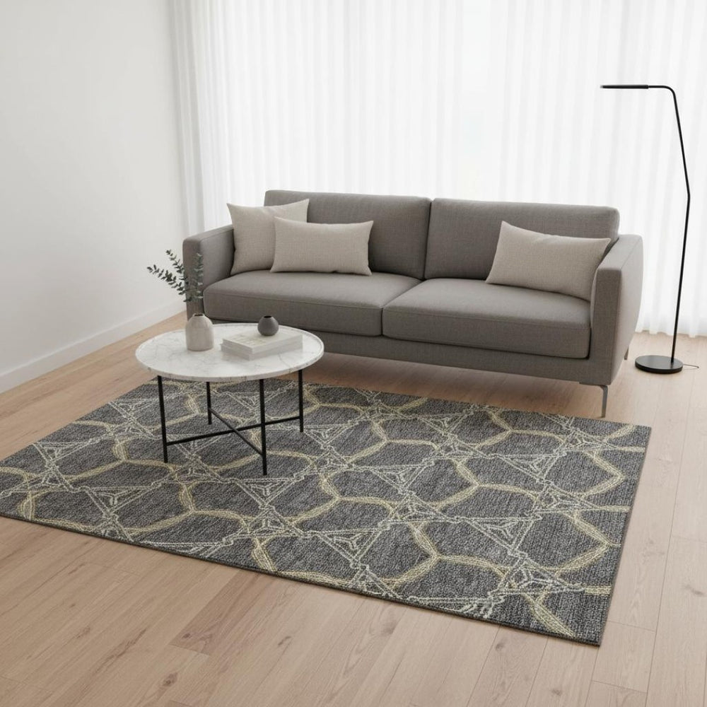 HomeRoots 5' X 8' Charcoal Gold Ivory Geometric Area Rug – Washable, Stain-Resistant & UV Protected for Homes 675980
