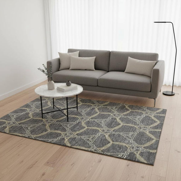 HomeRoots 5' X 8' Charcoal Gold Ivory Geometric Area Rug – Washable, Stain-Resistant & UV Protected for Homes 675980