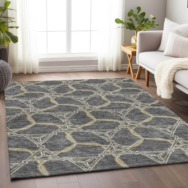 HomeRoots 5' X 8' Charcoal Gold Ivory Geometric Area Rug – Washable, Stain-Resistant & UV Protected for Homes 675980