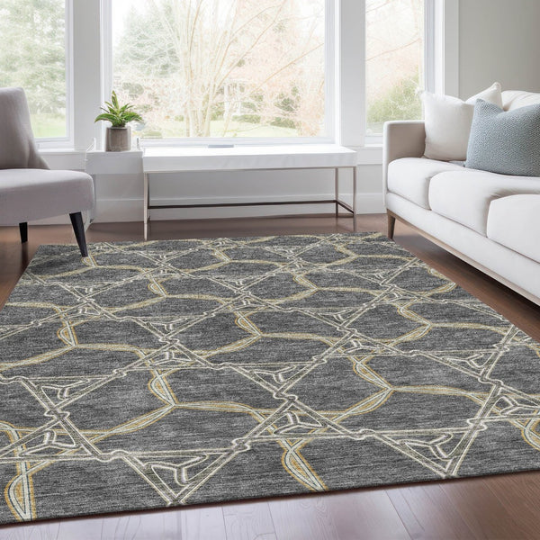 HomeRoots 5' X 8' Charcoal Gold Ivory Geometric Area Rug – Washable, Stain-Resistant & UV Protected for Homes 675980