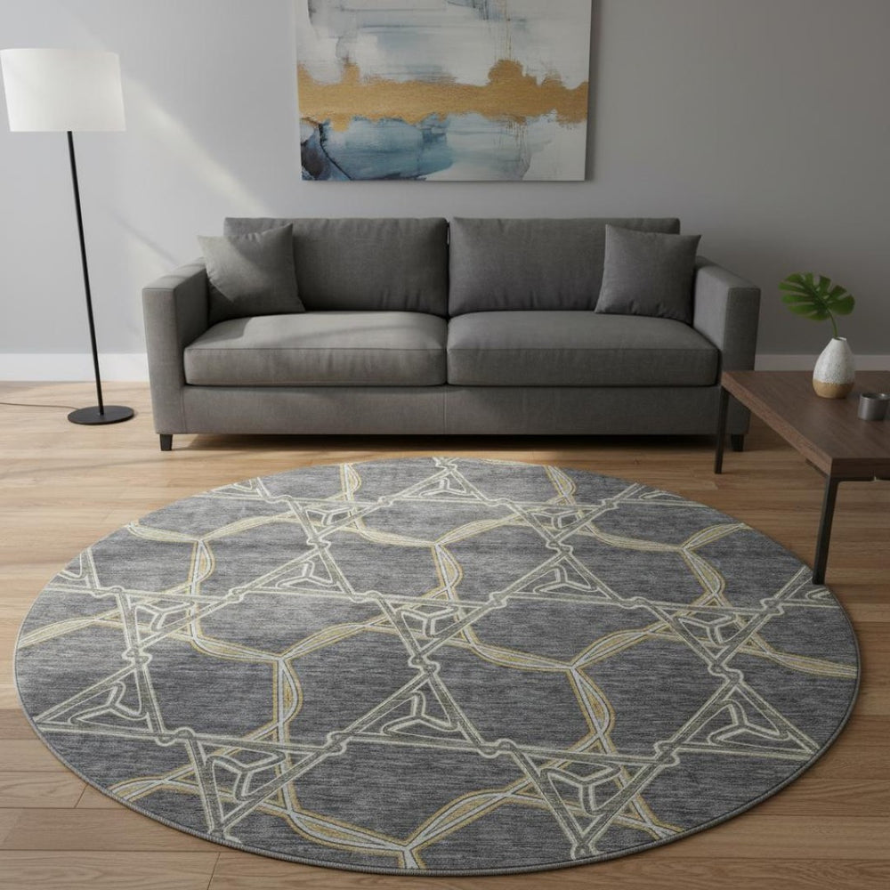 HomeRoots 8' Charcoal Gold Ivory Geometric Round Rug – Durable, Washable & UV-Protected for High-Traffic Areas 675981