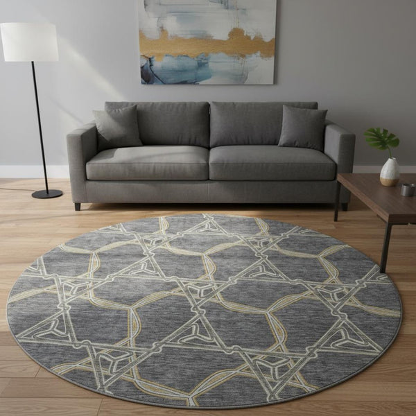 HomeRoots 8' Charcoal Gold Ivory Geometric Round Rug – Durable, Washable & UV-Protected for High-Traffic Areas 675981