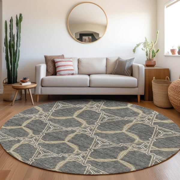 HomeRoots 8' Charcoal Gold Ivory Geometric Round Rug – Durable, Washable & UV-Protected for High-Traffic Areas 675981