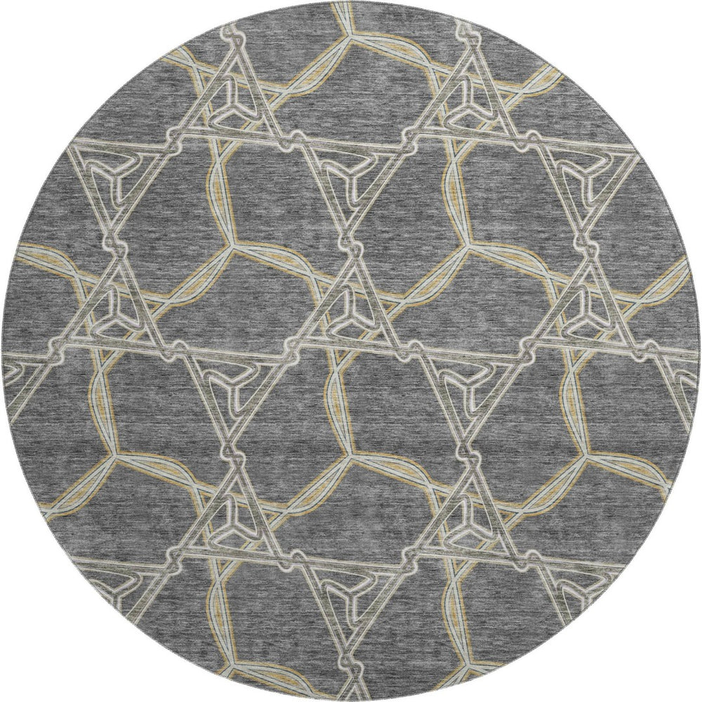 HomeRoots 8' Charcoal Gold Ivory Geometric Round Rug – Durable, Washable & UV-Protected for High-Traffic Areas 675981