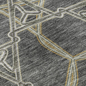 HomeRoots 8' Charcoal Gold Ivory Geometric Round Rug – Durable, Washable & UV-Protected for High-Traffic Areas 675981