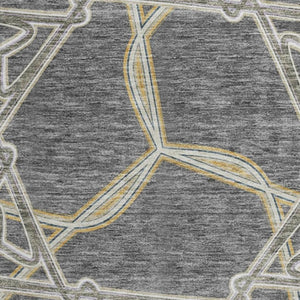 HomeRoots 8' Charcoal Gold Ivory Geometric Round Rug – Durable, Washable & UV-Protected for High-Traffic Areas 675981