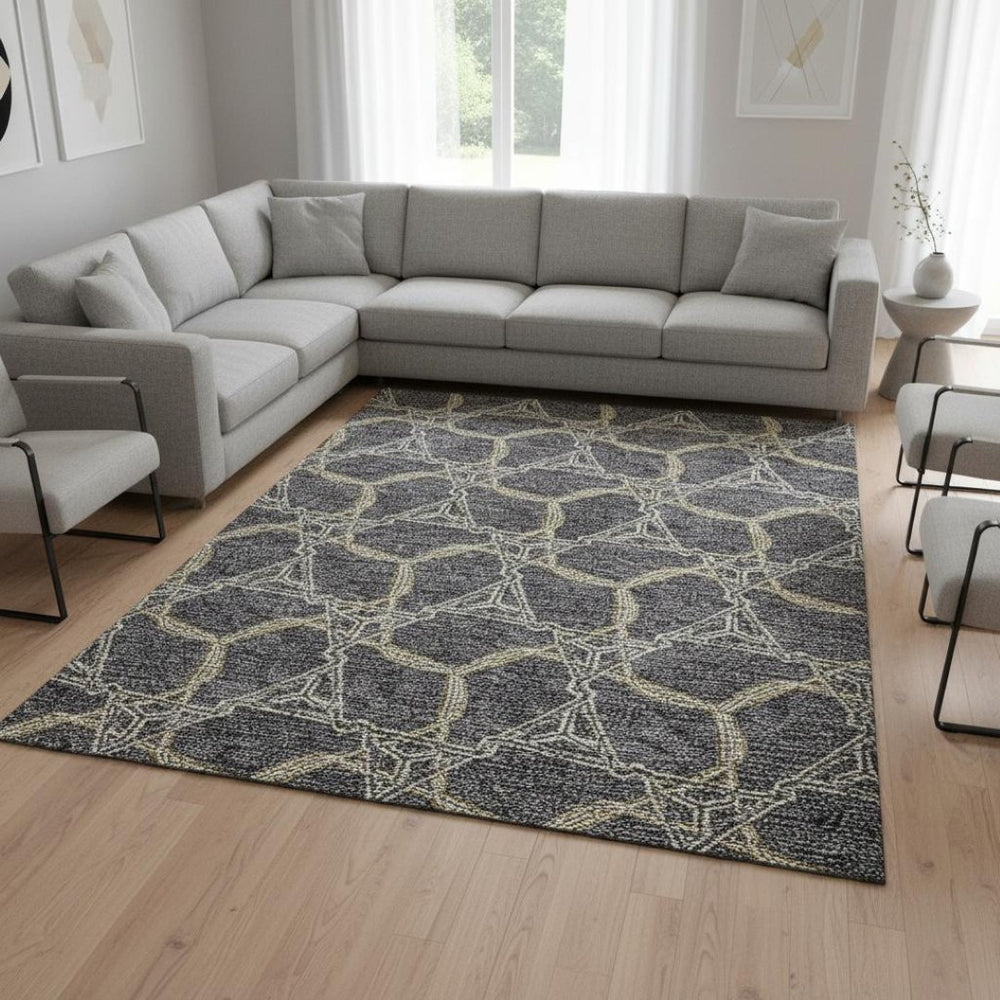 HomeRoots 8' X 10' Modern Charcoal Gold Ivory Geometric Washable Area Rug with UV Protection & Durability 675982