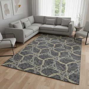 HomeRoots 9' X 12' Charcoal Gold Ivory Geometric Area Rug - Washable, UV Protected, Perfect for High-Traffic Spaces 675983