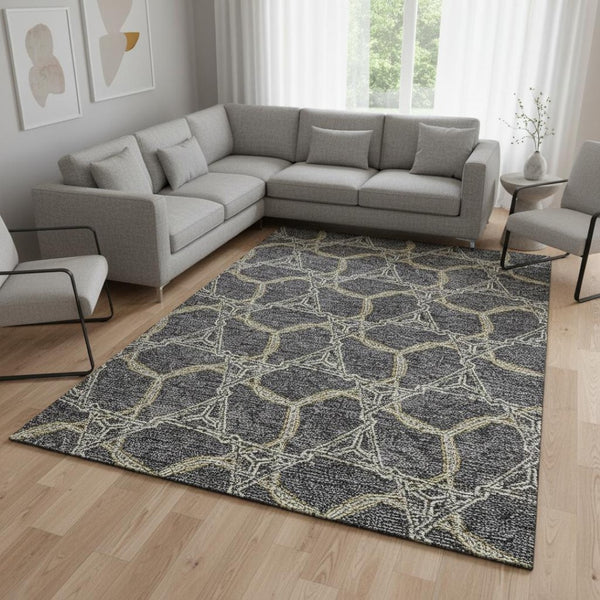 HomeRoots 9' X 12' Charcoal Gold Ivory Geometric Area Rug - Washable, UV Protected, Perfect for High-Traffic Spaces 675983