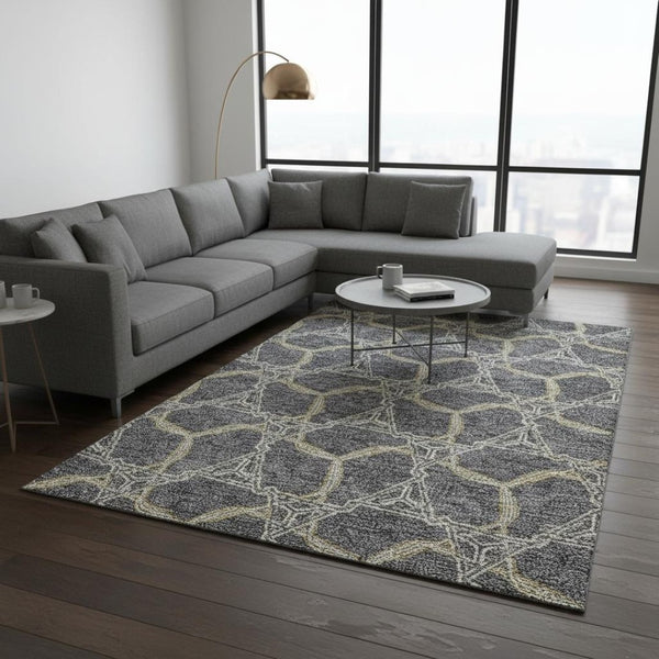 HomeRoots 10' X 14' Charcoal Gold Ivory Geometric Area Rug - Washable, Durable, UV-Resistant, Perfect for Homes! 675984