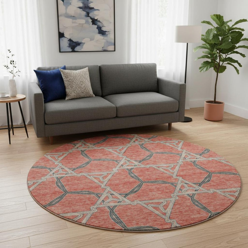 HomeRoots 8' Coral Beige Taupe Geometric Washable Round Rug – Kid & Pet-Friendly, UV Protected, Durable Design 675987