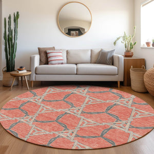 HomeRoots 8' Coral Beige Taupe Geometric Washable Round Rug – Kid & Pet-Friendly, UV Protected, Durable Design 675987